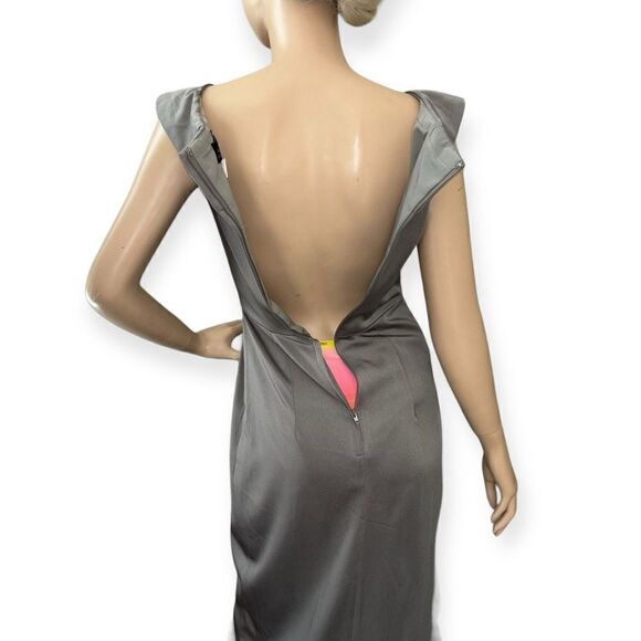 LA FEMME Surplice Off The Shoulder Column Gown In Pewter Size 0 NEW - Picture 10 of 13